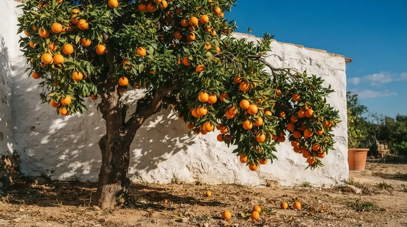 Ein Orangenbaum mit reifen Früchten wächst an einer weissen Mauer unter blauem Himmel.
