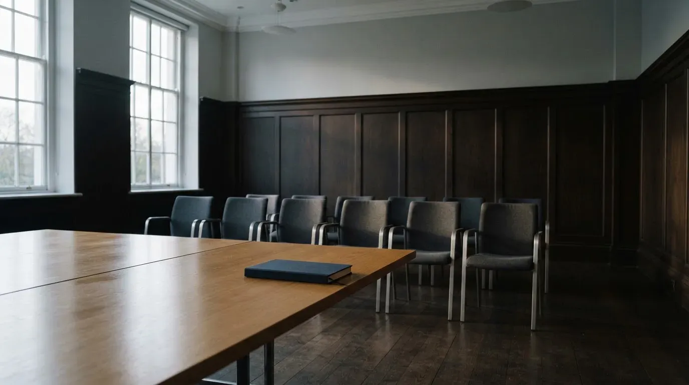 Eine Reihe leerer Bürostühle steht vor einer dunklen Wand in einem Raum mit gedämpftem Licht.