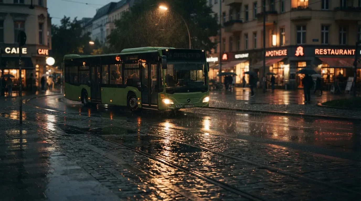 Ein Stadtbus fährt an einem regnerischen Abend durch eine Strasse mit Pfützen, die Lichter spiegeln sich im Asphalt.