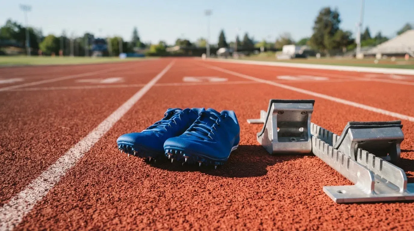 Ein Paar Laufschuhe mit Spikes liegt auf einer Tartanbahn neben einem Startblock, die Linien verlaufen in die Ferne.
