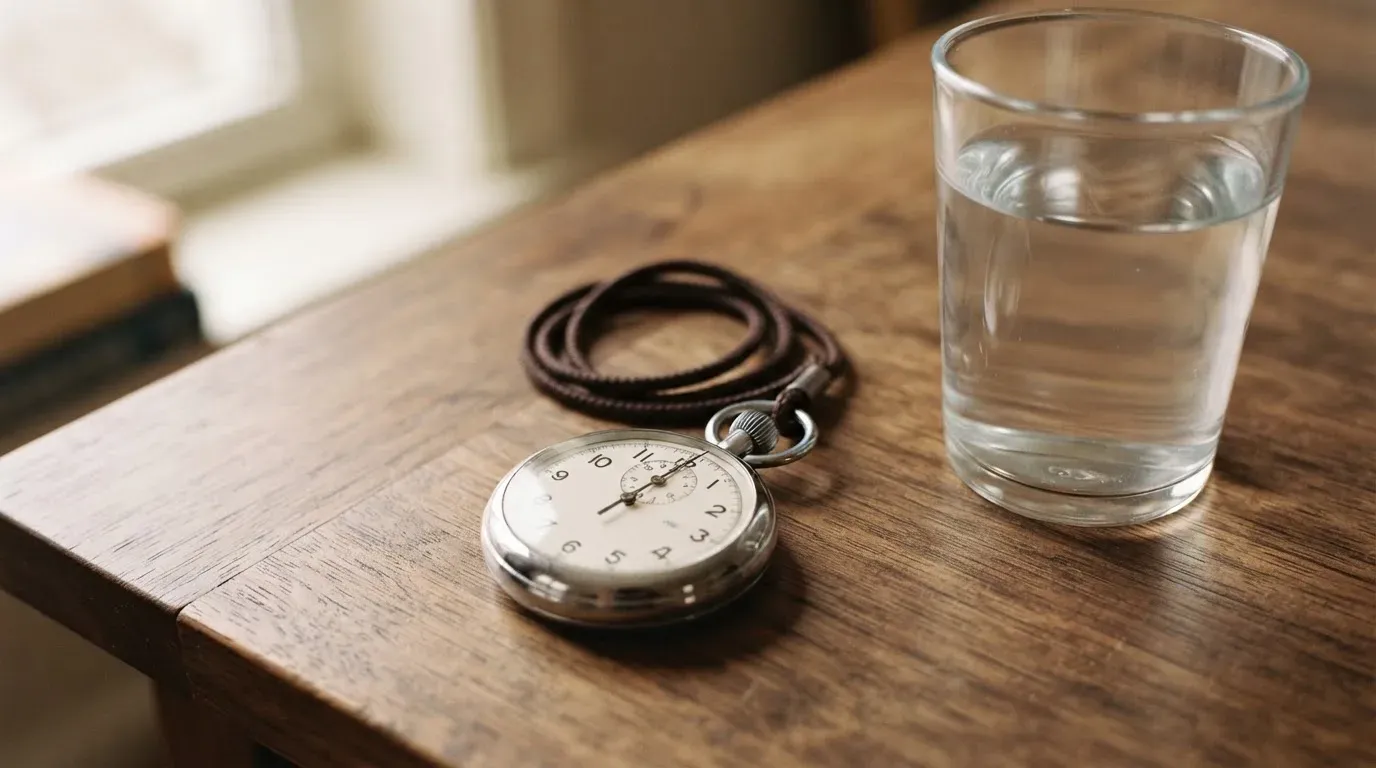 Eine Stoppuhr an einer Schnur liegt auf einem Holztisch neben einem Wasserglas, das Licht ist ruhig.