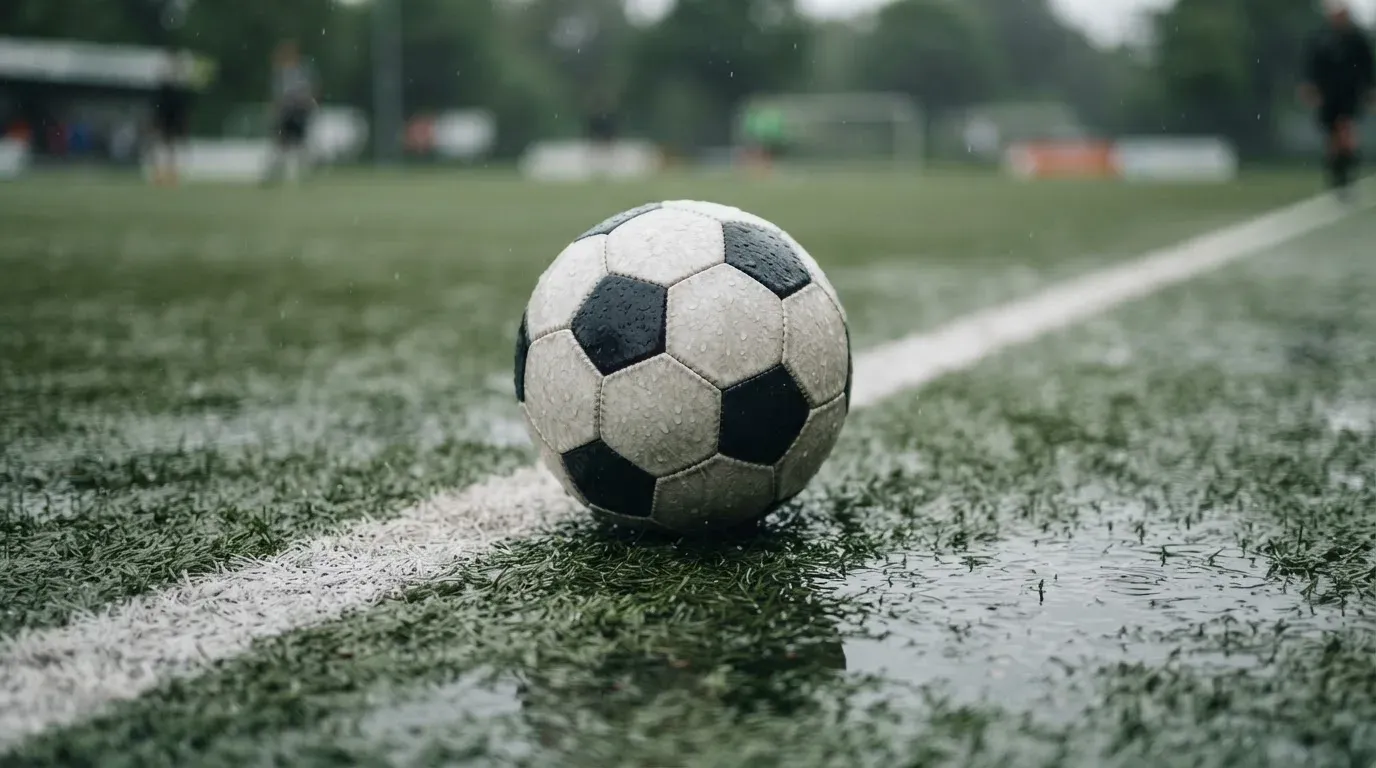 Ein Fussball liegt auf nassem Kunstrasen neben einer weissen Linie, Pfützen spiegeln den Himmel.