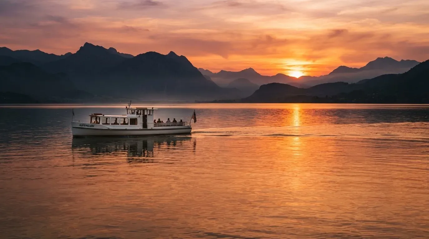 Eine Fähre gleitet bei Sonnenuntergang über einen ruhigen See, das Wasser glänzt in Orange.