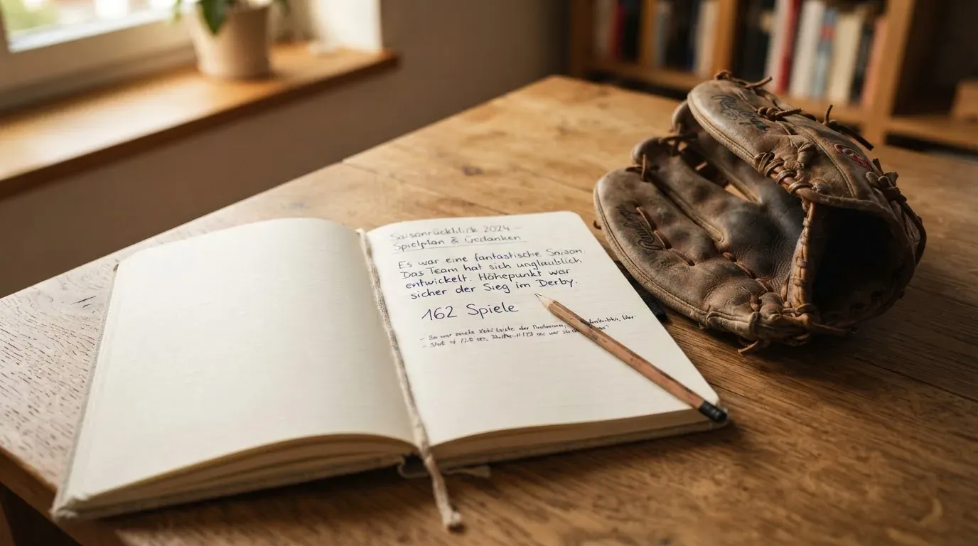 Ein aufgeschlagenes Notizbuch mit handgeschriebenen Notizen und ein Bleistift liegen auf einem Holztisch neben einem abgegriffenen Baseballhandschuh.