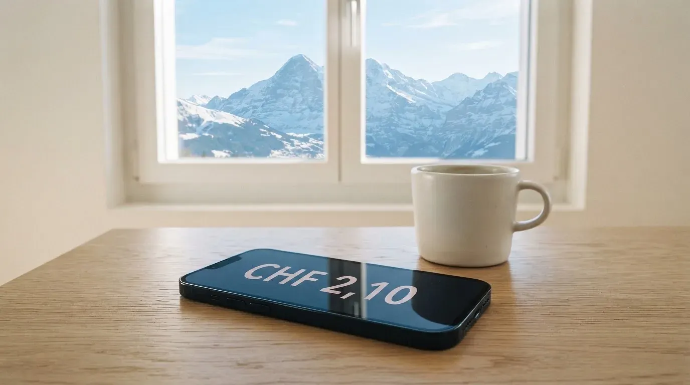 Ein Smartphone mit dunklem Bildschirm liegt auf einem hellen Schreibtisch neben einer Tasse, durch das Fenster dahinter sieht man eine Bergkette.
