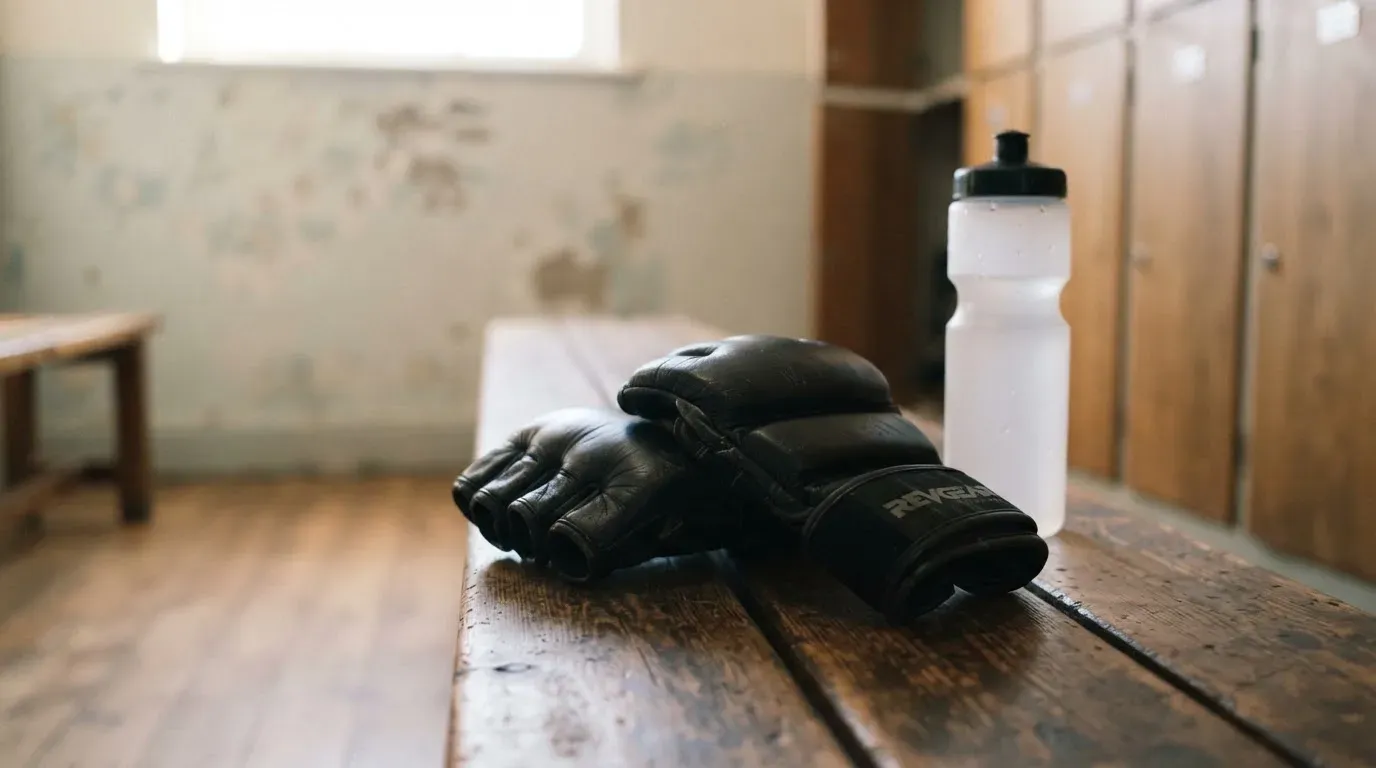 Ein Paar Kampfsporthandschuhe liegt auf einer Holzbank neben einer Wasserflasche in einer ruhigen Umkleide, durch ein hohes Fenster fällt Tageslicht.