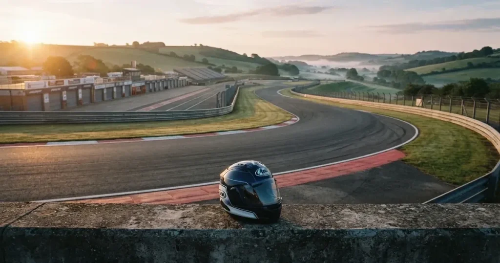 Eine leere Rennstrecke mit rot-weissen Randsteinen im Morgenlicht, im Hintergrund sanfte Hügel und ein einzelner Motorradhelm auf einer niedrigen Mauer.