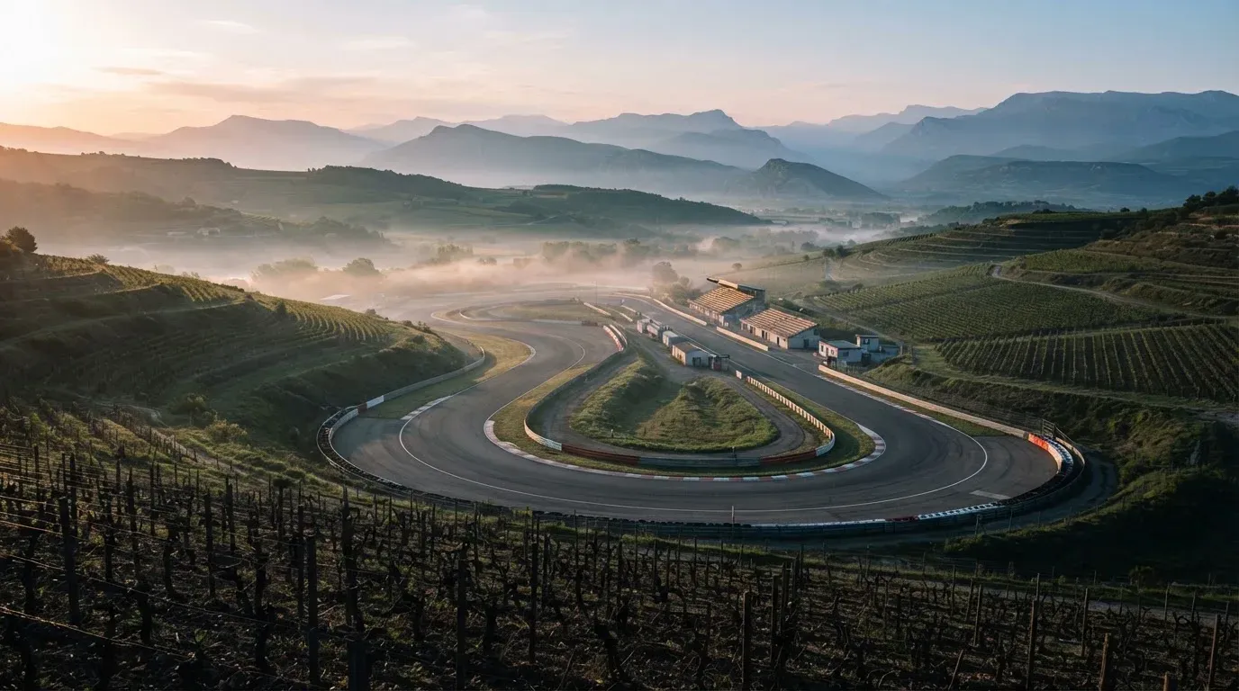 Eine Rennstrecke aus der Ferne zwischen Weinbergen und einer Bergkette, Dunst liegt am frühen Morgen über dem Asphalt.