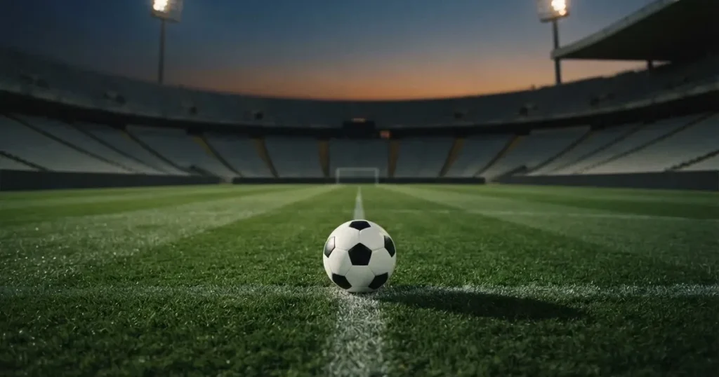 Ein Fussball liegt auf dem Mittelpunkt eines leeren Rasens, im Hintergrund steigen steile Tribünen in der Dämmerung auf.