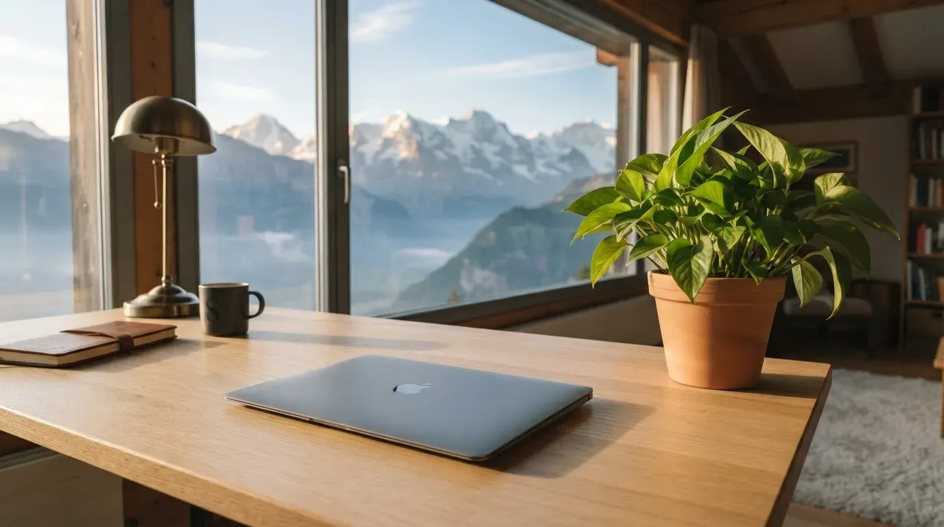 Ein Schreibtisch mit einem geschlossenen Laptop und einer Zimmerpflanze vor einem Fenster mit Blick auf eine Bergkette im Morgenlicht.