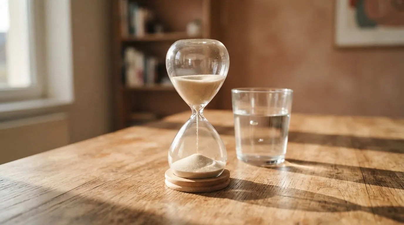 Eine Sanduhr steht auf einem Holztisch neben einem Glas Wasser, schräges Morgenlicht wirft einen langen Schatten über die Tischplatte.