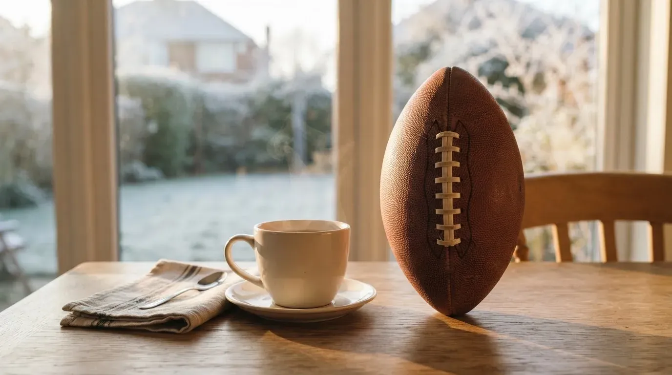 Ein Kaffeebecher und ein Football stehen auf einem Küchentisch am Morgen, durch das Fenster sieht man einen Garten mit Raureif.