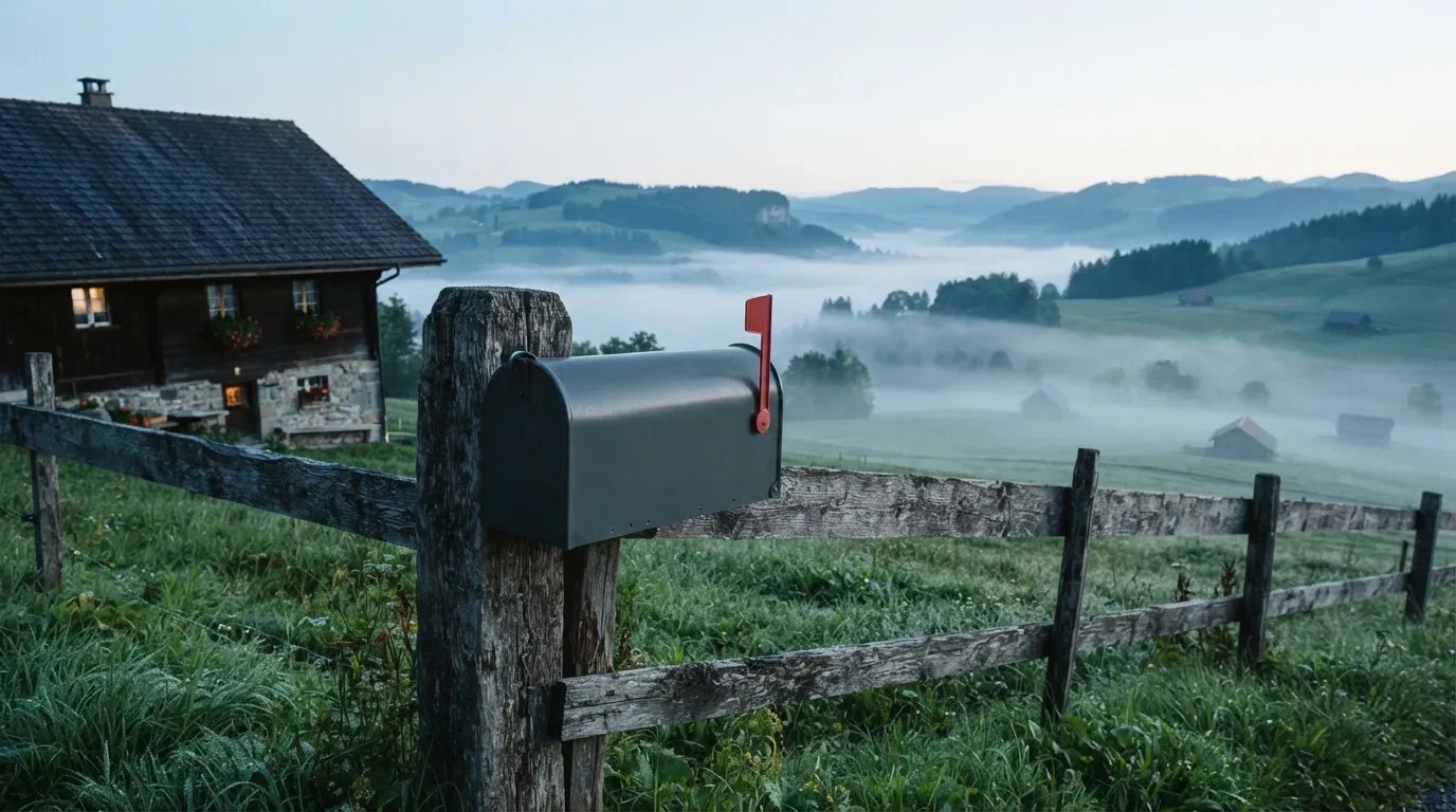 Ein Briefkasten an einem Holzzaun vor einem Bauernhaus in einer Hügellandschaft, auf den Wiesen liegt Frühnebel.