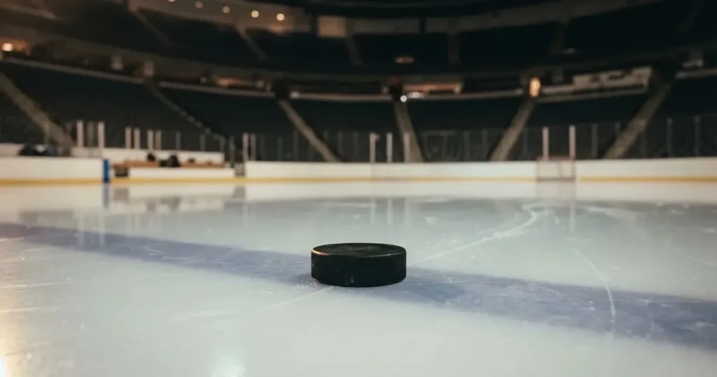 Ein Eishockeypuck liegt auf einer glatten Eisfläche, im Hintergrund erheben sich die dunklen Ränge einer leeren Halle.