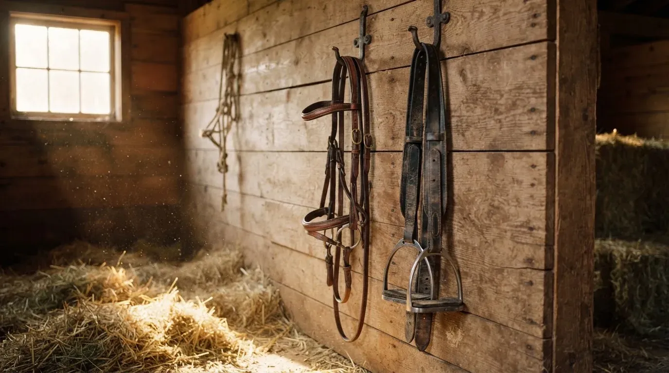 Lederne Steigbügel und ein Zügel hängen an einer Holzwand in einem ruhigen Stall, Heu liegt im Licht eines kleinen Fensters.