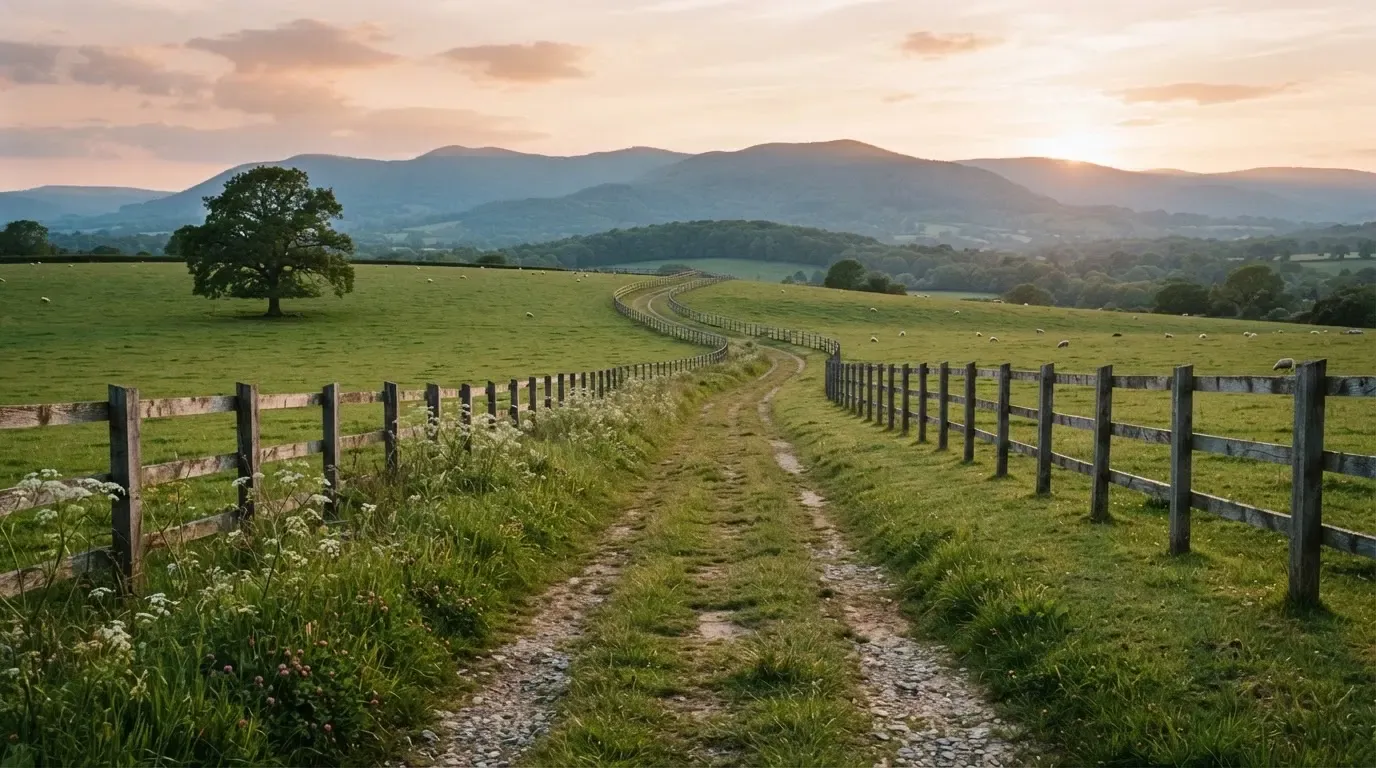 Ein Feldweg führt zwischen Weiden mit Holzzaun auf eine Hügelkette zu, über den Wiesen liegt weiches Abendlicht.