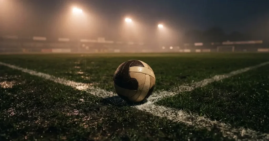 Ein Fussball liegt auf der Strafraumlinie eines nassen Rasens, dahinter stehen Flutlichtmasten im aufsteigenden Nebel.