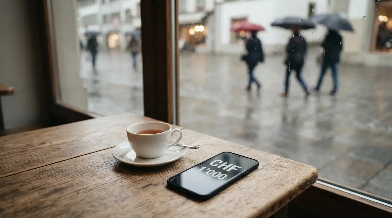 Ein Café-Tisch am Fenster mit einer Teetasse, draussen ein nasser Gehweg und Passanten mit Regenschirmen in unscharfer Ferne.