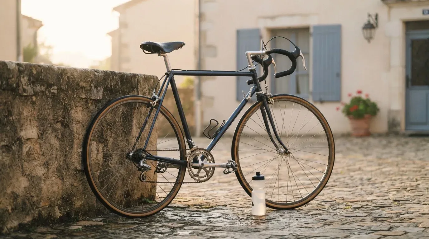 Ein Rennrad lehnt an einer Steinmauer am Rand eines Dorfplatzes, daneben eine Trinkflasche im ersten Sonnenlicht.