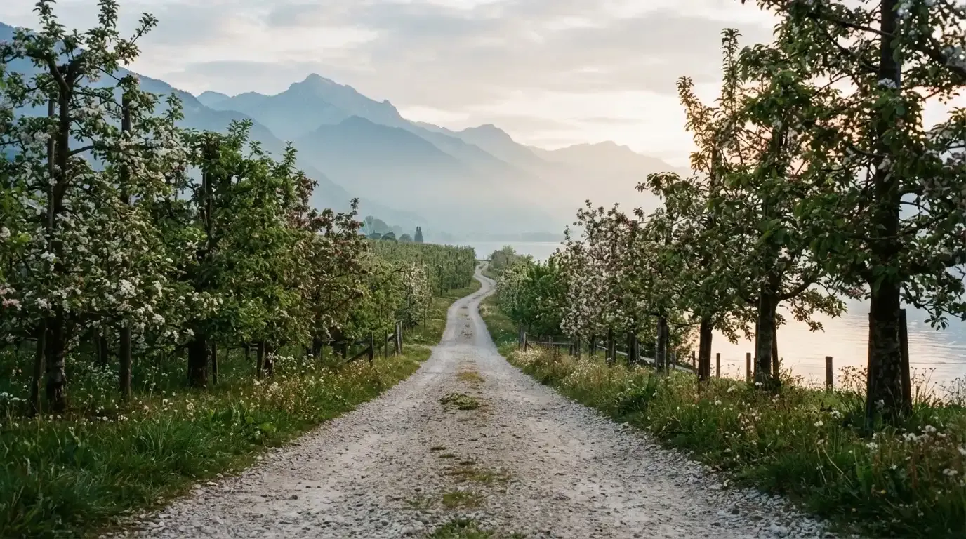 Ein langer Kiesweg zwischen Obstbäumen am Seeufer, im Hintergrund die Silhouette von Bergen im Dunst eines frühen Morgens.
