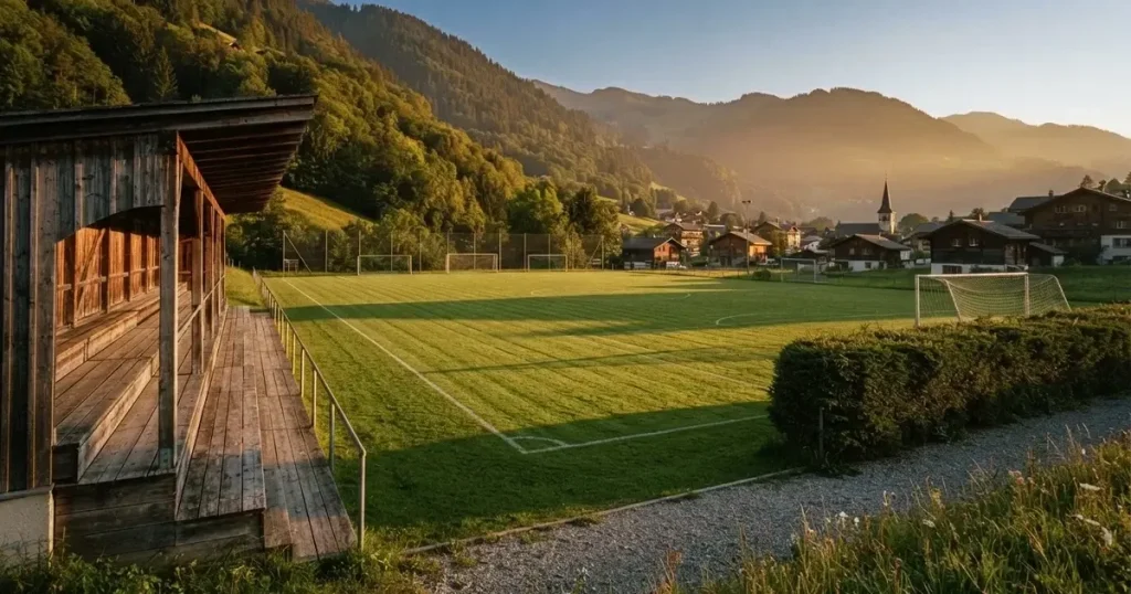 Ein kleiner Fussballplatz mit einfacher Holztribüne und Rasenstreifen am Rand einer Ortschaft, im Hintergrund ein bewaldeter Hügel im Abendlicht.