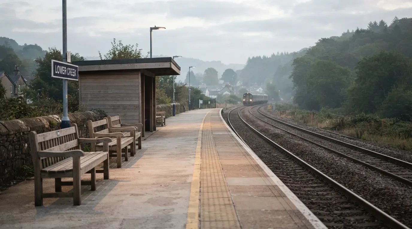 Ein Bahnsteig mit leeren Bänken an einem Regionalbahnhof am Morgen, ein Zug fährt in der Ferne ein.