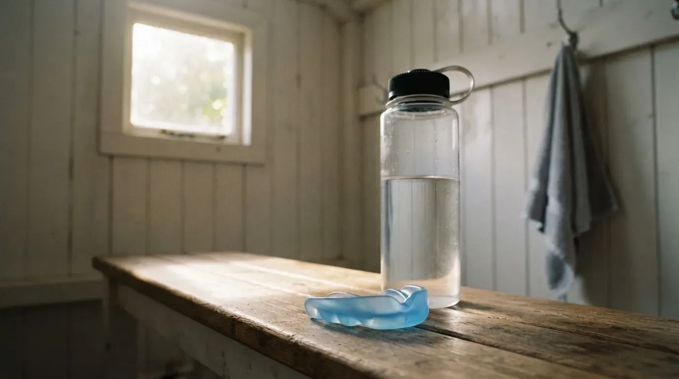 Ein Mundschutz liegt auf einer Holzbank neben einer Trinkflasche in einer schlichten Kabine, durch das Fenster fällt Morgenlicht.