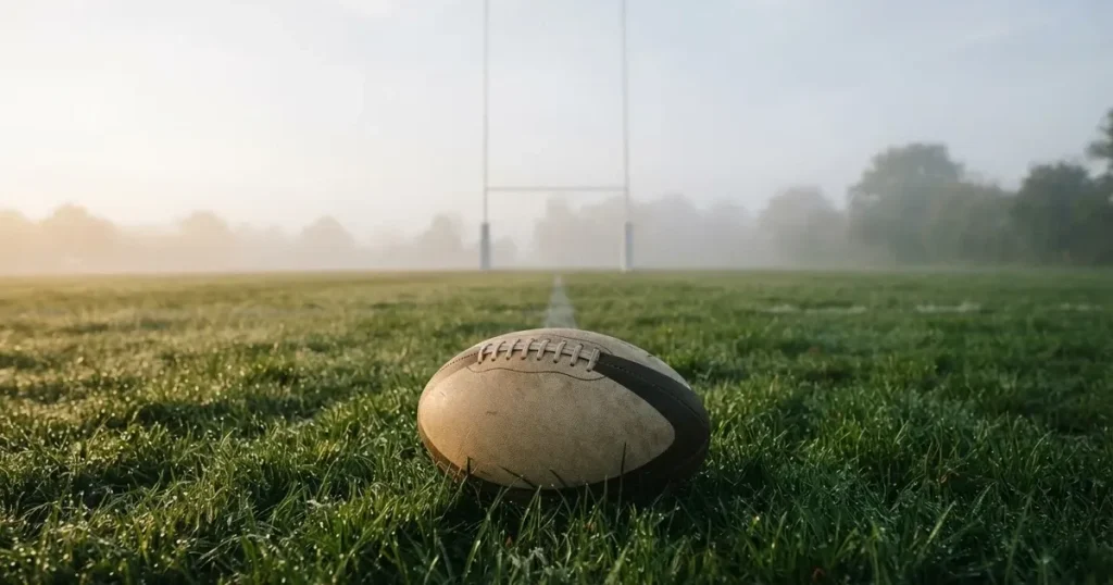 Ein ovaler Rugbyball liegt auf feuchtem Rasen vor zwei hohen Torstangen, hinter dem Spielfeld steigen Nebelschwaden auf.