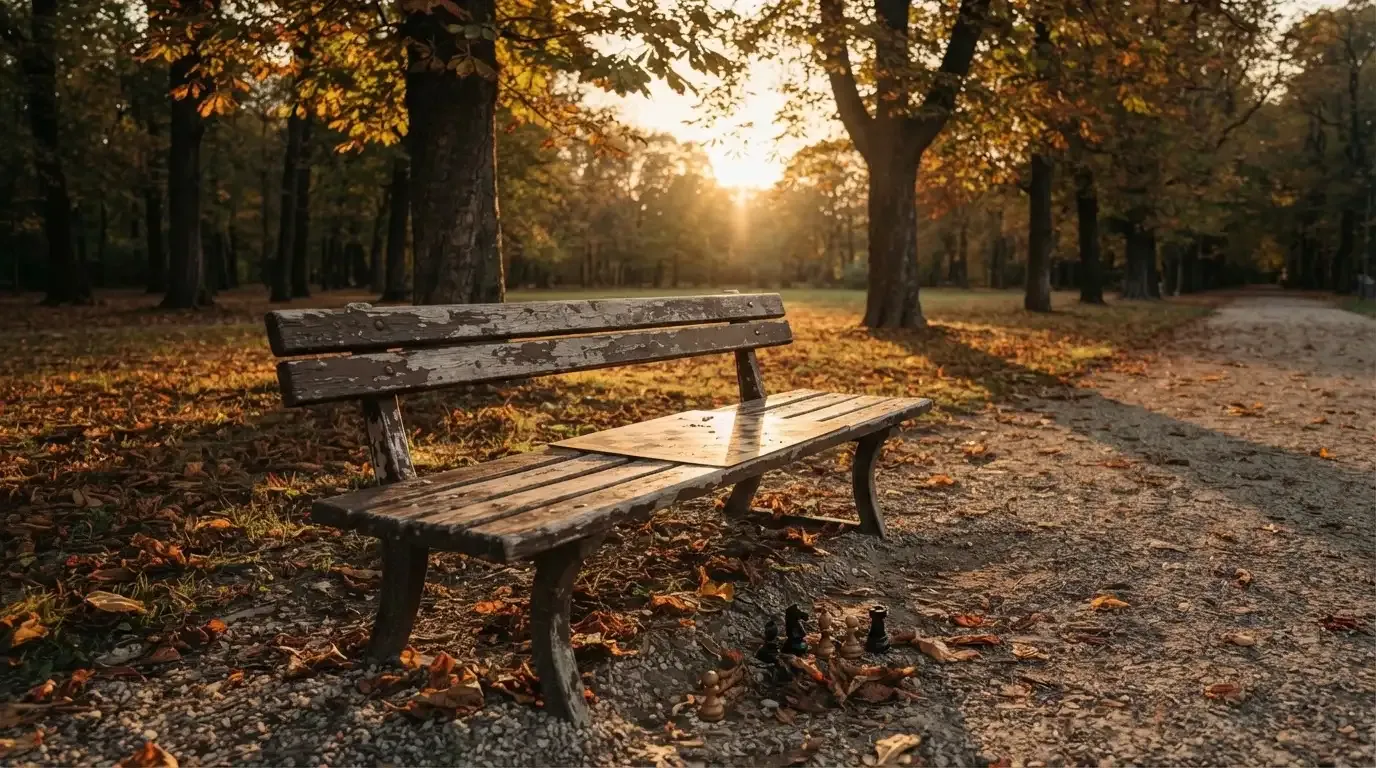 Ein Parkbank-Tisch mit eingelassenem Spielfeld unter alten Kastanien, auf den Wegen liegt Laub und die Sonne steht tief.