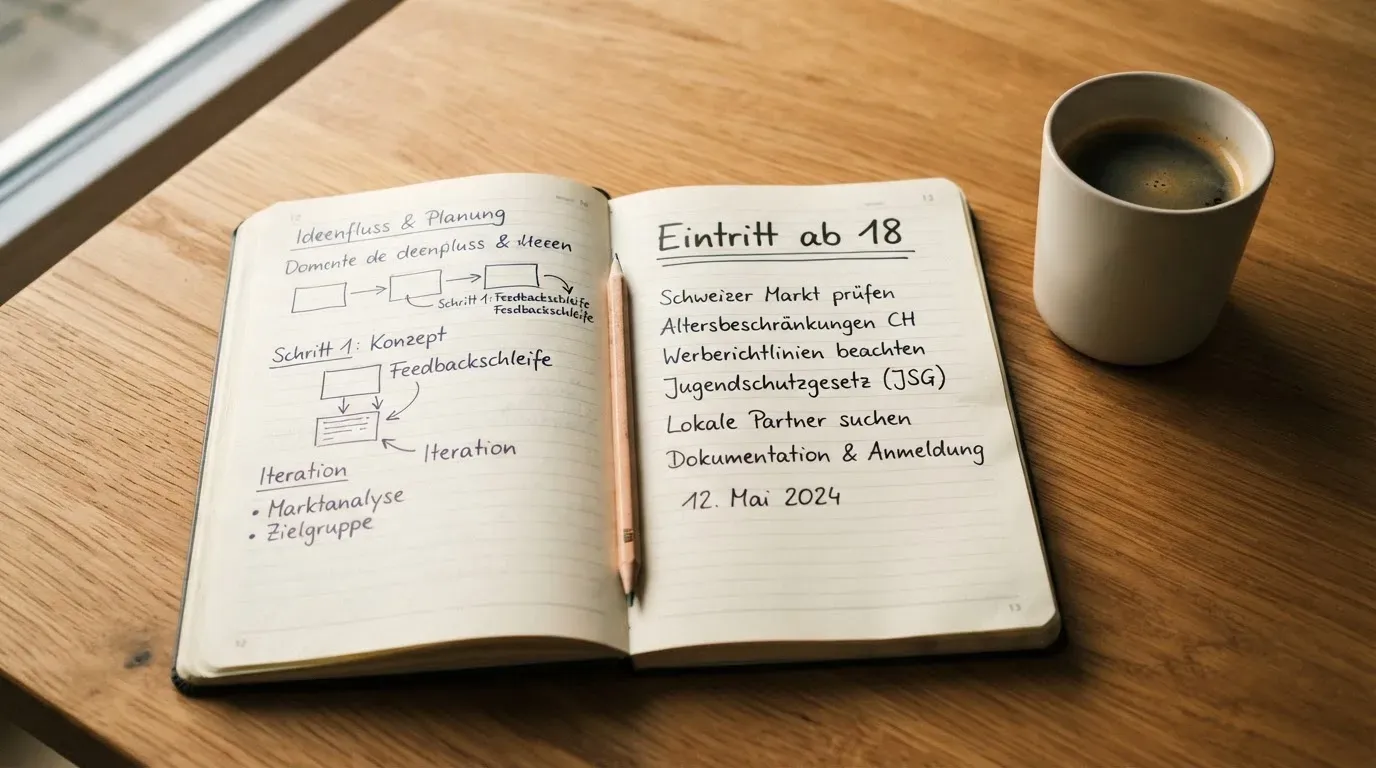 Ein aufgeschlagenes Notizbuch mit handschriftlichen Skizzen neben einem Bleistift und einer Kaffeetasse auf einem Holztisch.