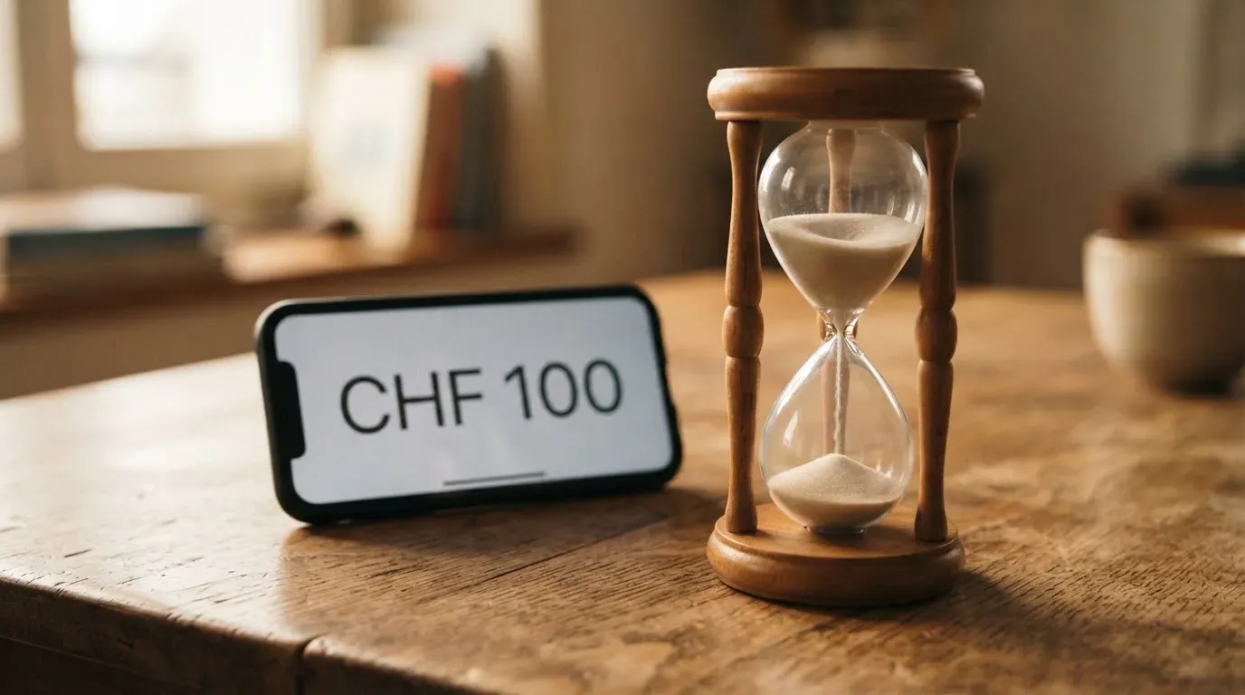Eine Sanduhr steht auf einem Holztisch neben einem umgedrehten Smartphone, warmes Licht fällt von der Seite ein.