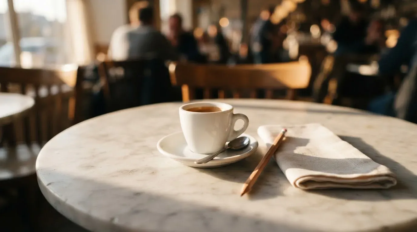Eine Espressotasse und ein Bleistift liegen auf einem Caféhaustisch neben einer gefalteten Stoffserviette im Licht der Morgensonne.