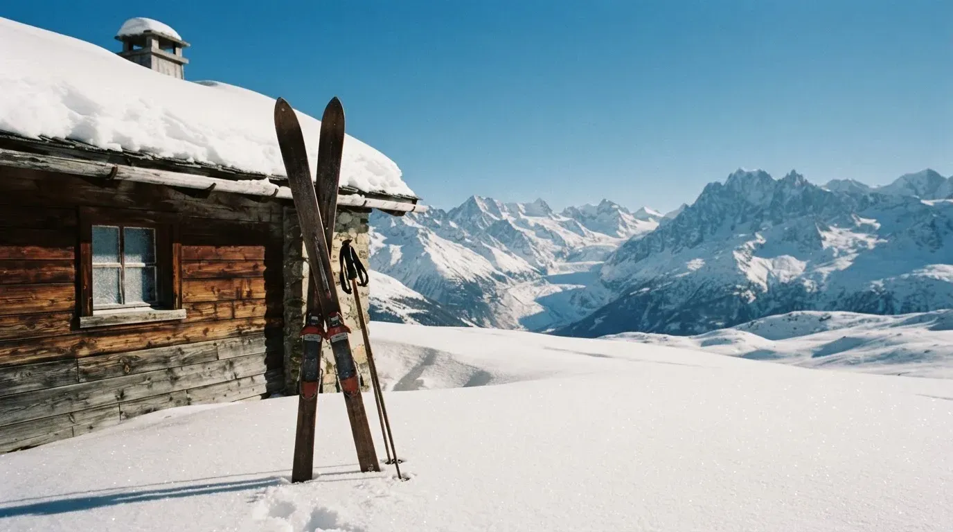 Zwei Skier stecken aufrecht im Schnee neben einer Holzhütte, dahinter ein weites Alpenpanorama bei klarem Himmel.