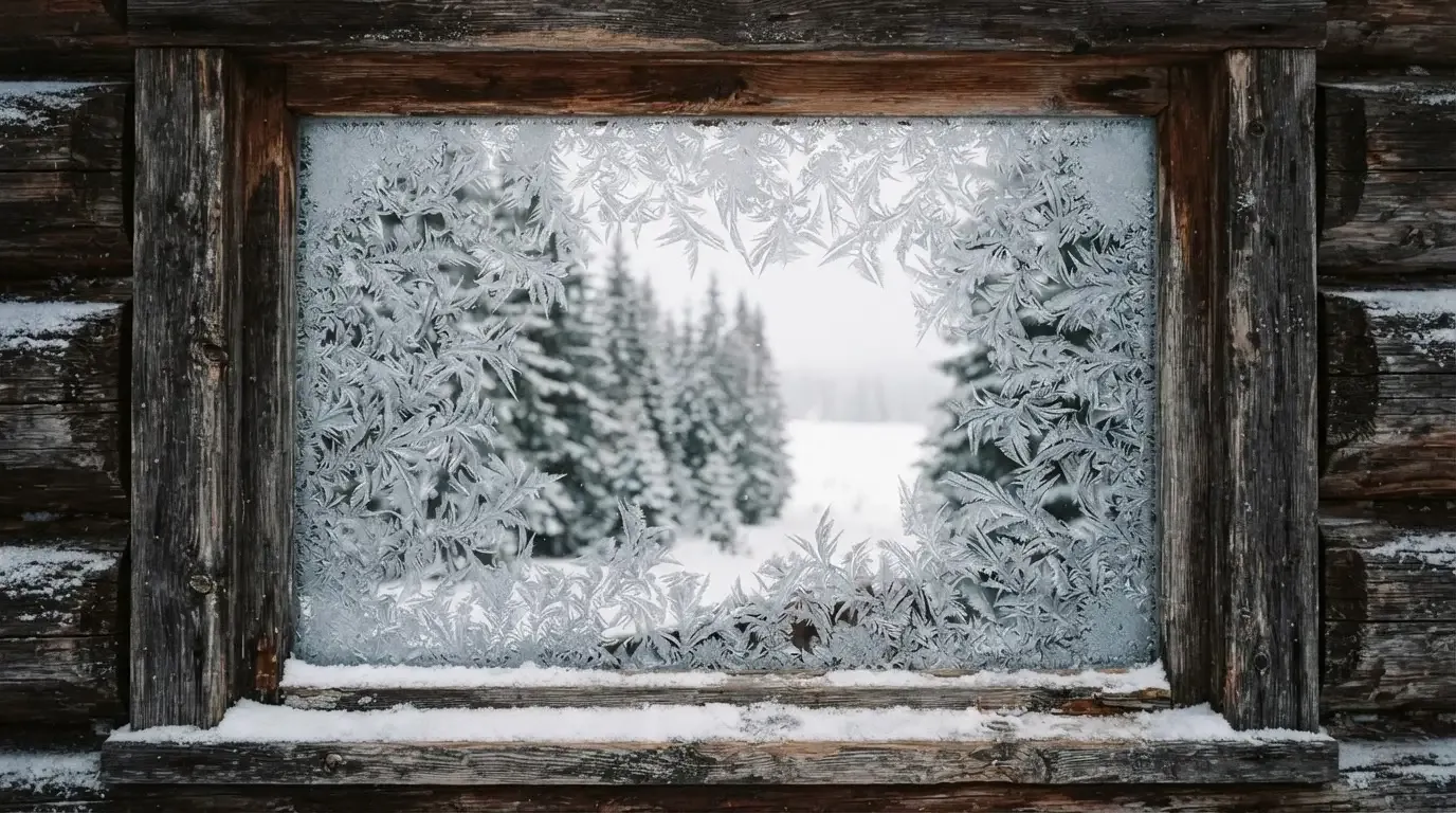 Ein vereistes Fenster einer Berghütte mit Blick auf verschneite Tannen im blassen Winterlicht.