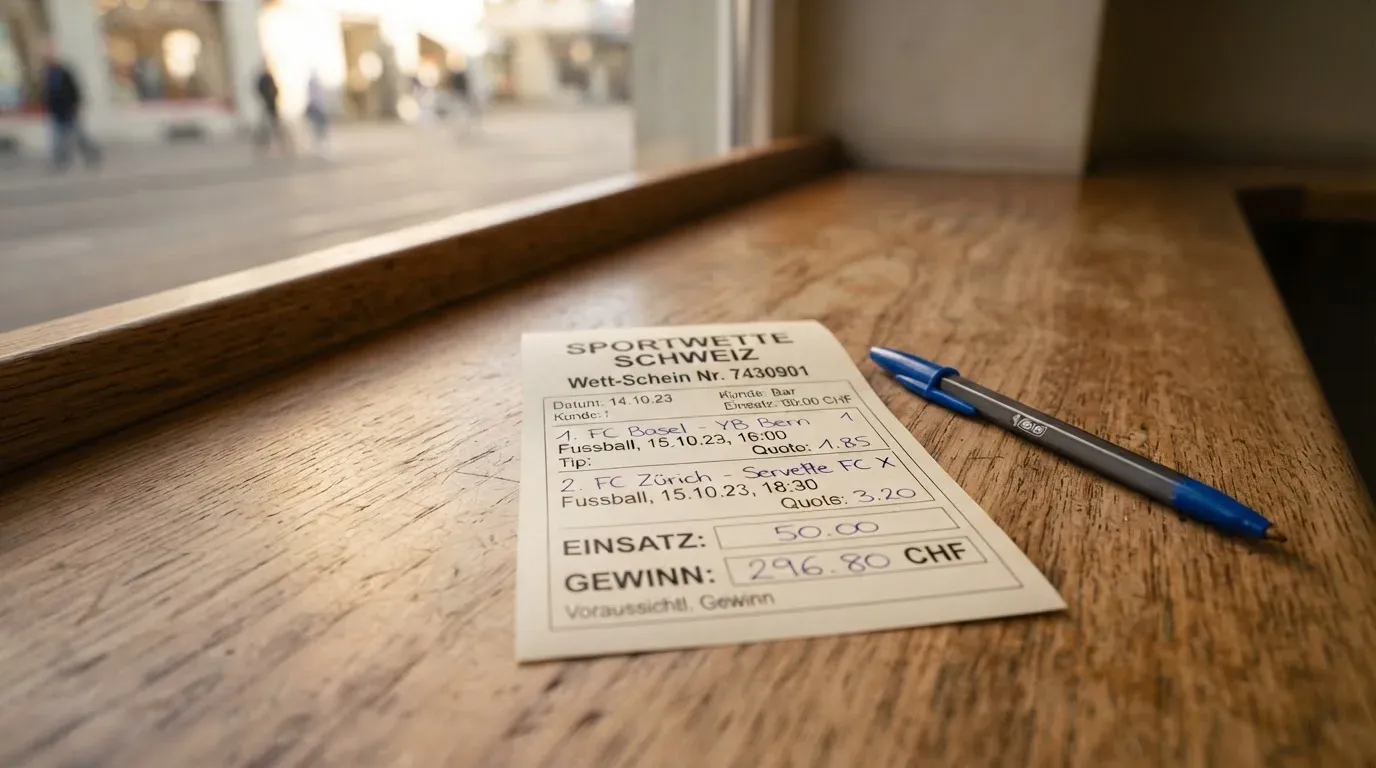 Ein leerer Wettschein aus Papier und ein Kugelschreiber liegen auf einer hölzernen Theke im Nachmittagslicht.