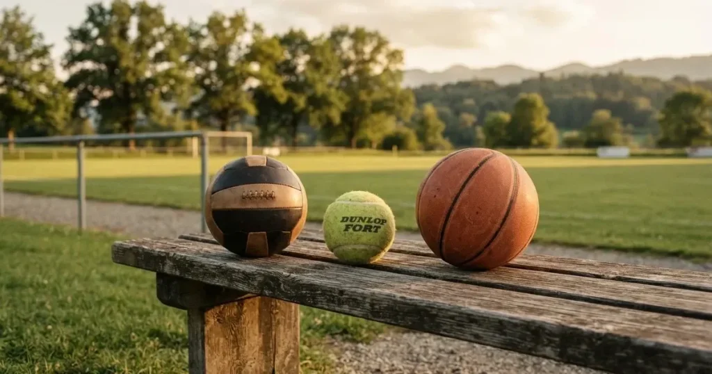 Drei Sportbälle, ein Fussball, ein Tennisball und ein Basketball, liegen nebeneinander auf einer Holzbank.
