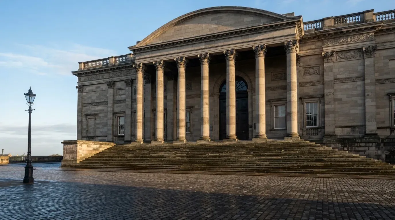 Die Fassade eines Steingebäudes mit Säulen an einem ruhigen Platz im Morgenlicht, ohne Menschen davor.