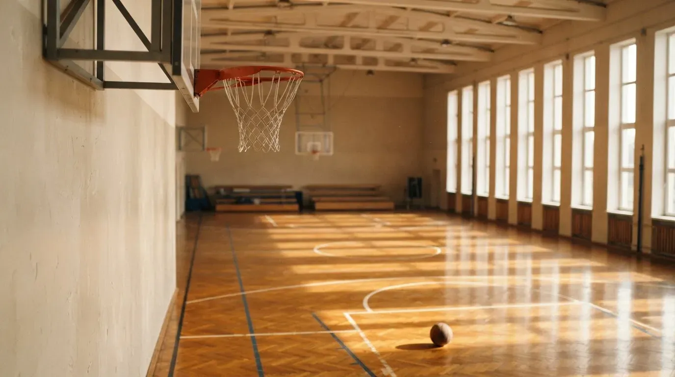 Ein Basketballkorb hängt in einer leeren Turnhalle, durch hohe Fenster fällt Licht auf das Holzparkett.