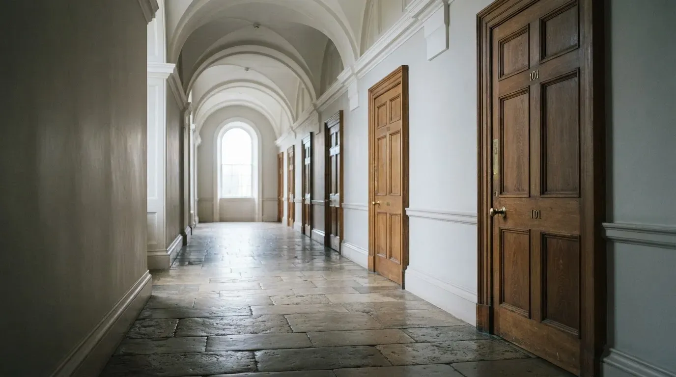 Ein langer, leerer Flur in einem Verwaltungsgebäude mit Holztüren und Steinboden im kühlen Tageslicht.