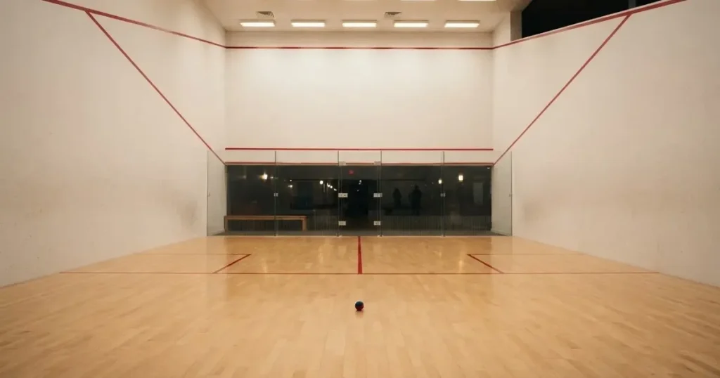 Ein leerer Squashcourt mit weissen Wänden und hellem Holzboden, ein Ball liegt in der Mitte, Deckenlicht spiegelt sich im Parkett.