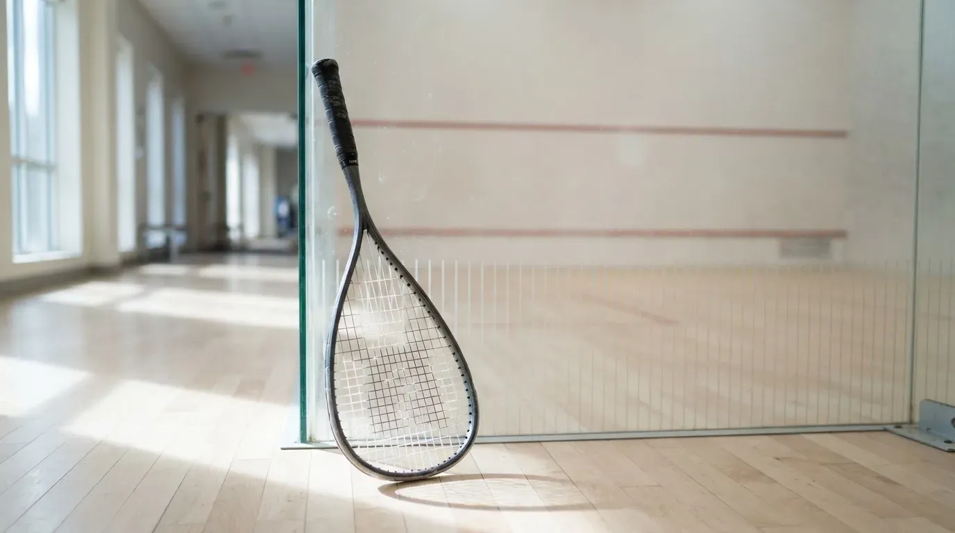 Ein Squashschläger lehnt an der Glaswand eines leeren Courts, draussen fällt Tageslicht in den Gang.