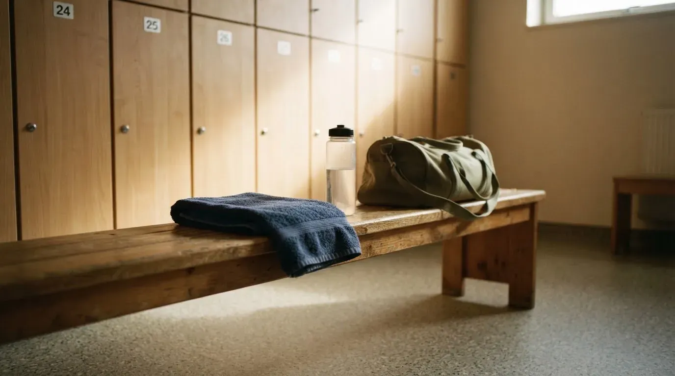 Ein Frottiertuch und eine Trinkflasche liegen auf einer Bank neben einer Sporttasche in einer ruhigen Garderobe.