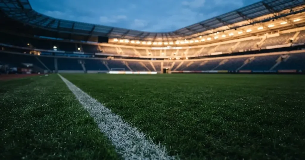 Eine Seitenlinie aus weisser Kreide auf dem Rasen in der Dämmerung, in der Ferne ragt eine hell beleuchtete Stadionschüssel auf.