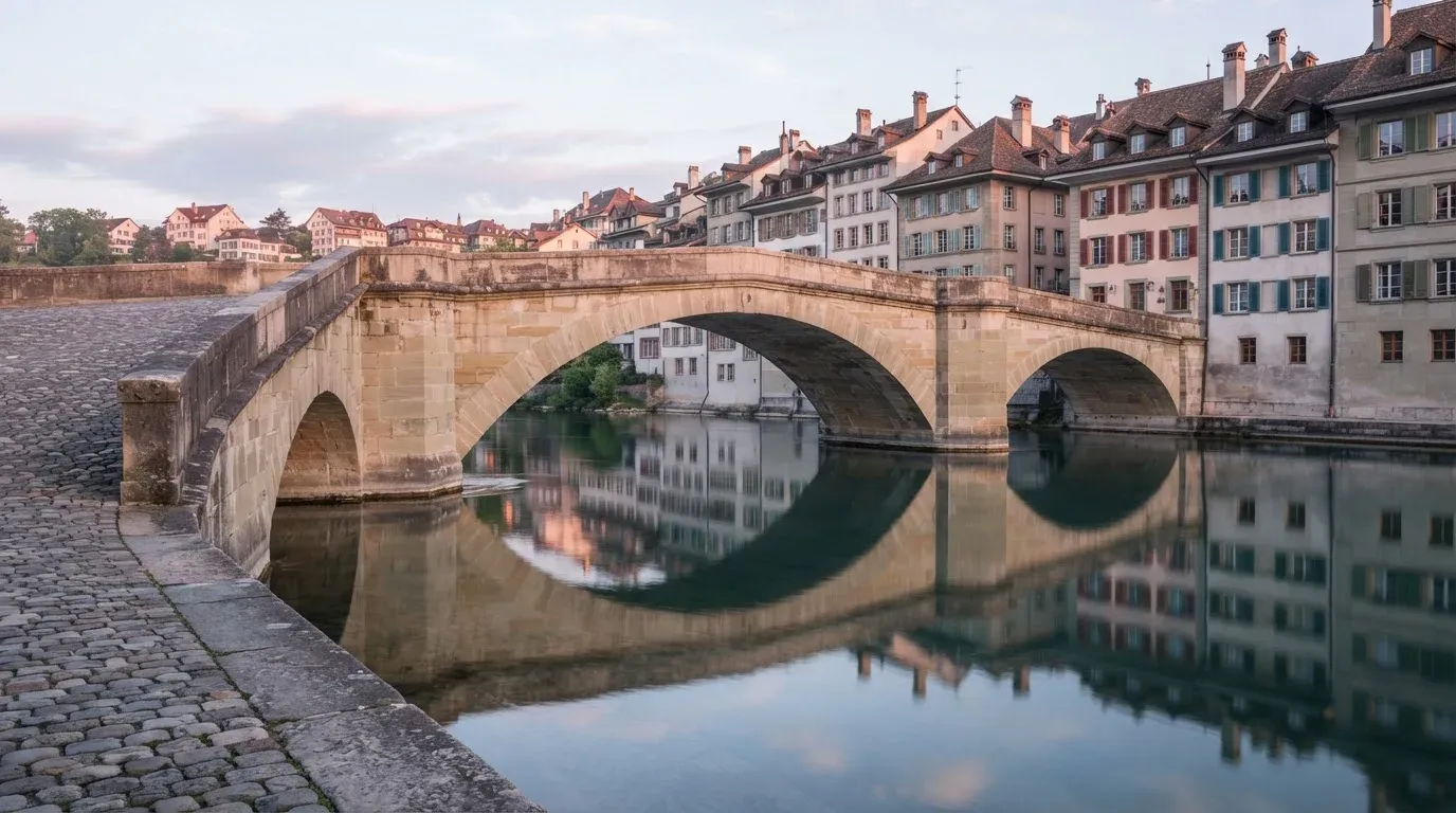 Ein steinerner Brückenbogen über einem Fluss in einer Schweizer Altstadt im ersten Morgenlicht.