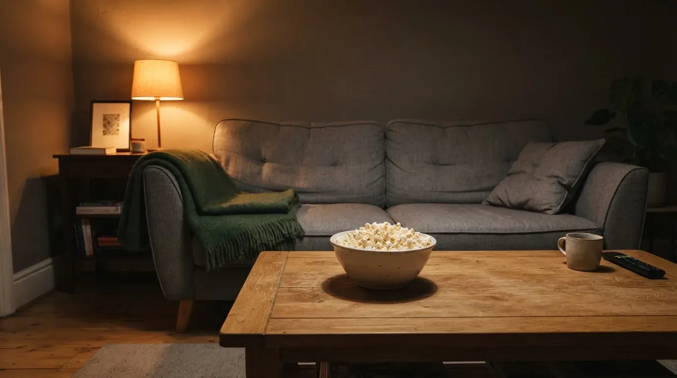 Ein Sofa mit Wolldecke und eine Schale Popcorn auf dem Couchtisch in einem Wohnzimmer bei Lampenlicht am späten Abend.