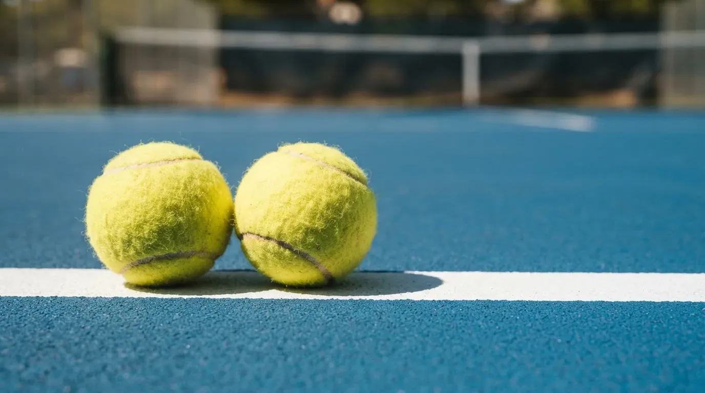 Zwei Tennisbälle liegen auf der weissen Grundlinie eines Hartplatzes im grellen Sonnenlicht.