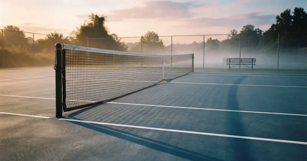 Ein leerer Tennisplatz im Morgengrauen, der Netzschatten fällt lang über den Platz, über der Grundlinie liegt leichter Nebel.