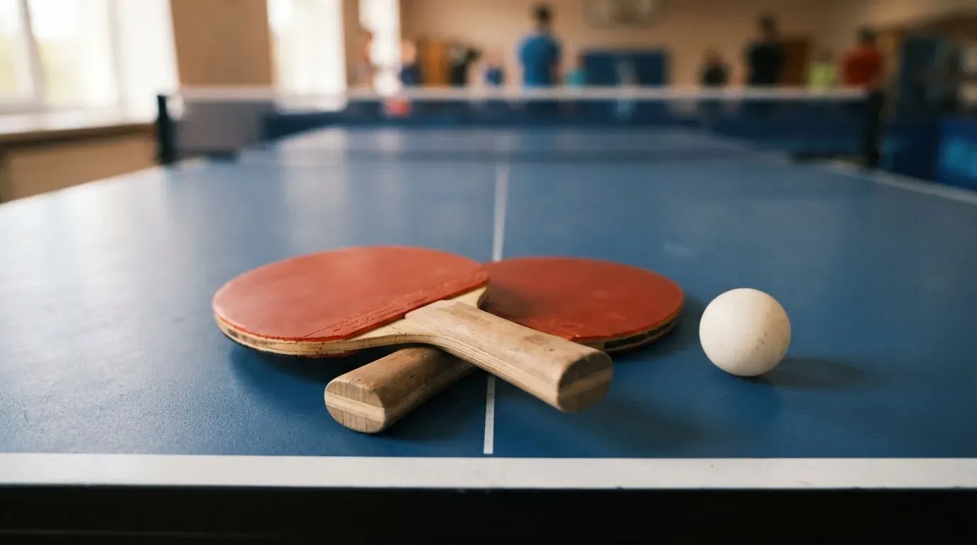 Zwei Tischtennisschläger liegen gekreuzt am Rand einer Platte, daneben ein kleiner weisser Ball.