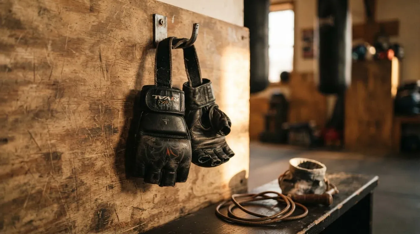 Ein Paar abgegriffener Kampfsporthandschuhe hängt an einem Haken in einem Trainingsraum.