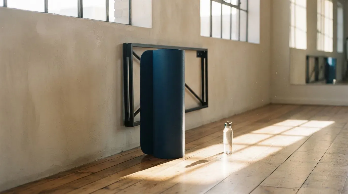 Eine zusammengerollte Trainingsmatte in der Ecke eines leeren Fitnessraums, durch hohe Fenster fällt Morgenlicht.